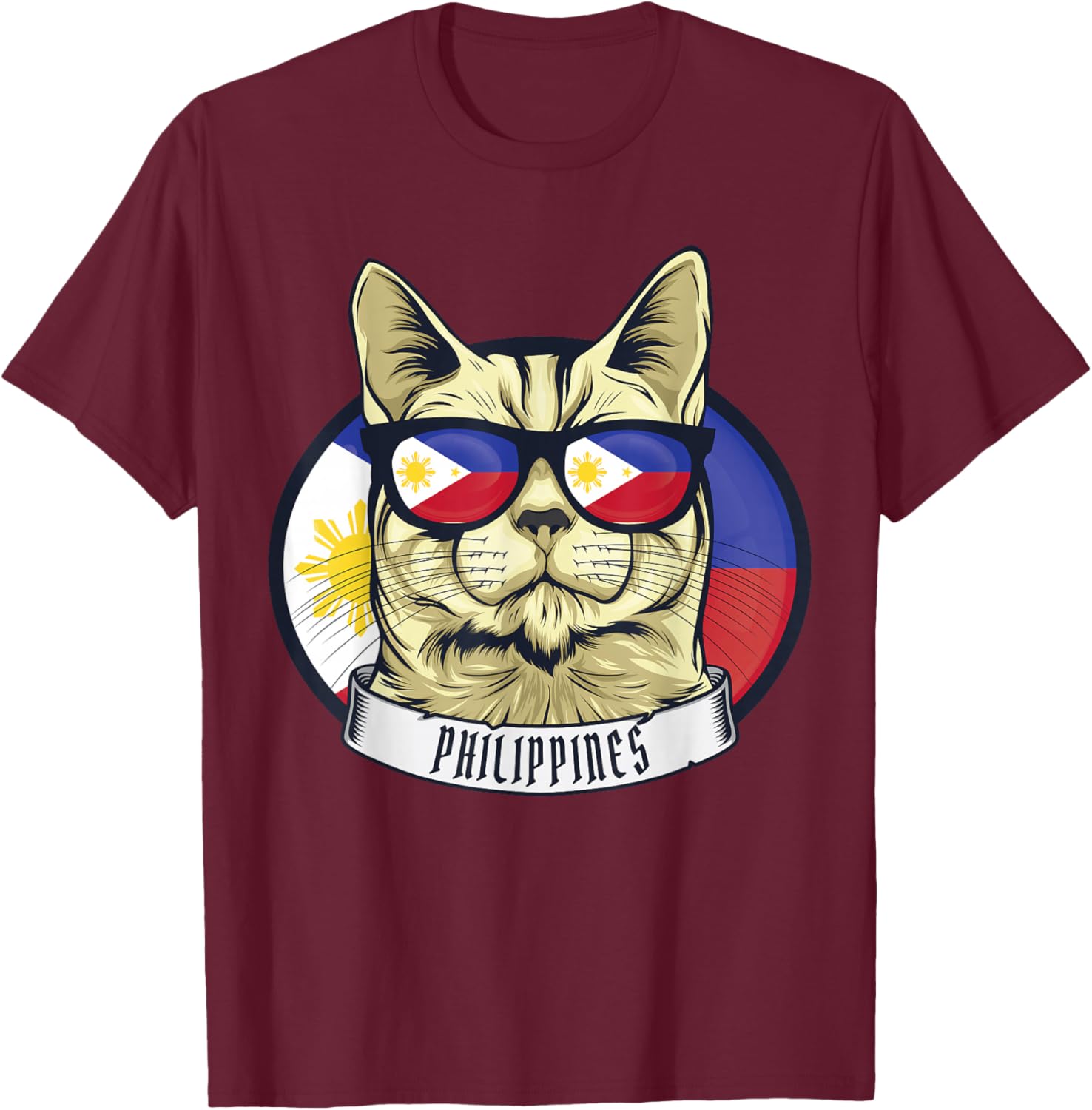 Filipino Patriotic Cat From Philippines Flag Pride Country T-Shirt - T-Shirt | Maroon