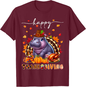 Happy Thanksgiving Hippo Costume Turkey Fall Leaves Food T-Shirt - T-Shirt | Maroon