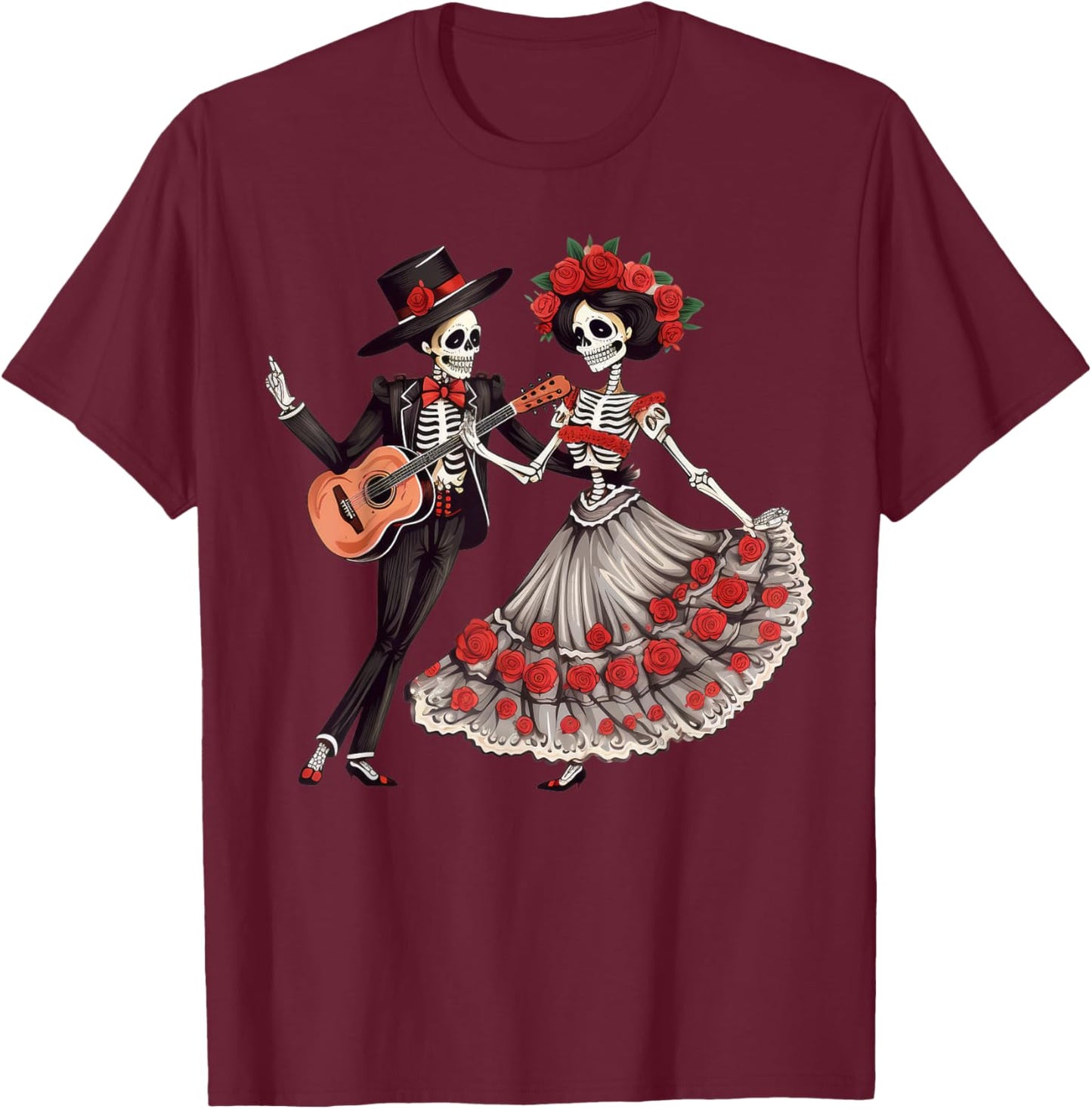 Dia De Los Muertos Dancing Skeletons Mexican Couple Matching T-Shirt - T-Shirt | Maroon