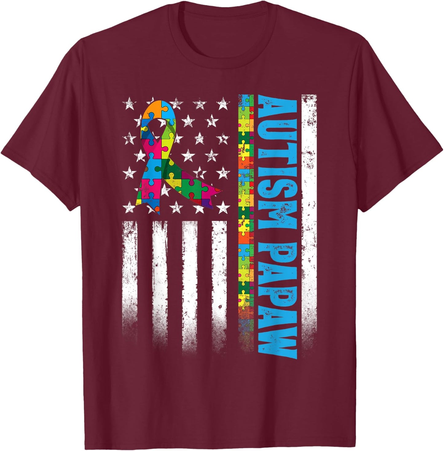 Retro American Flag Autism Papaw Awareness Autistic T-Shirt - T-Shirt | Maroon