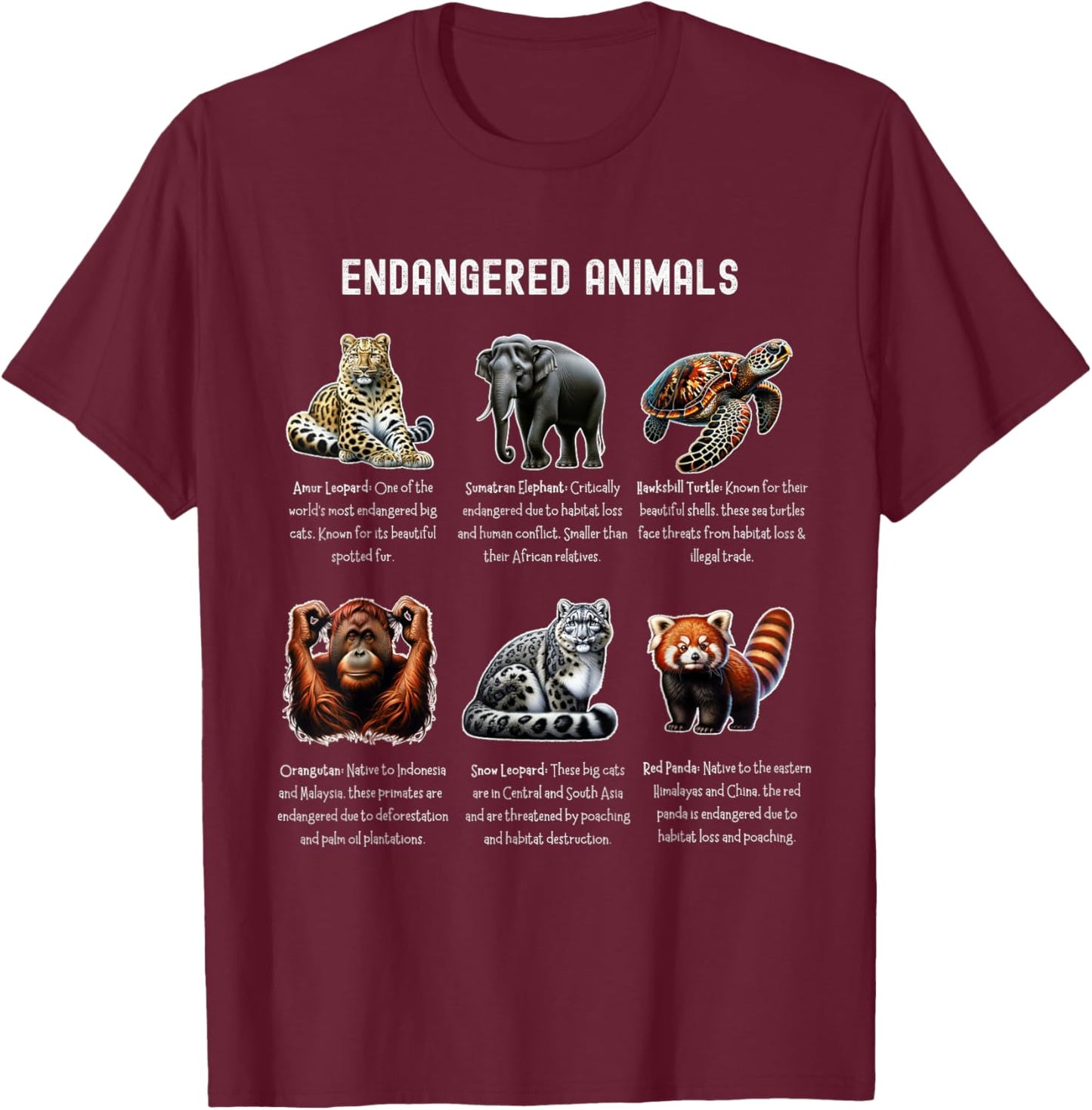 Educational Endangered Species Conservation Awareness T-Shirt - T-Shirt | Maroon