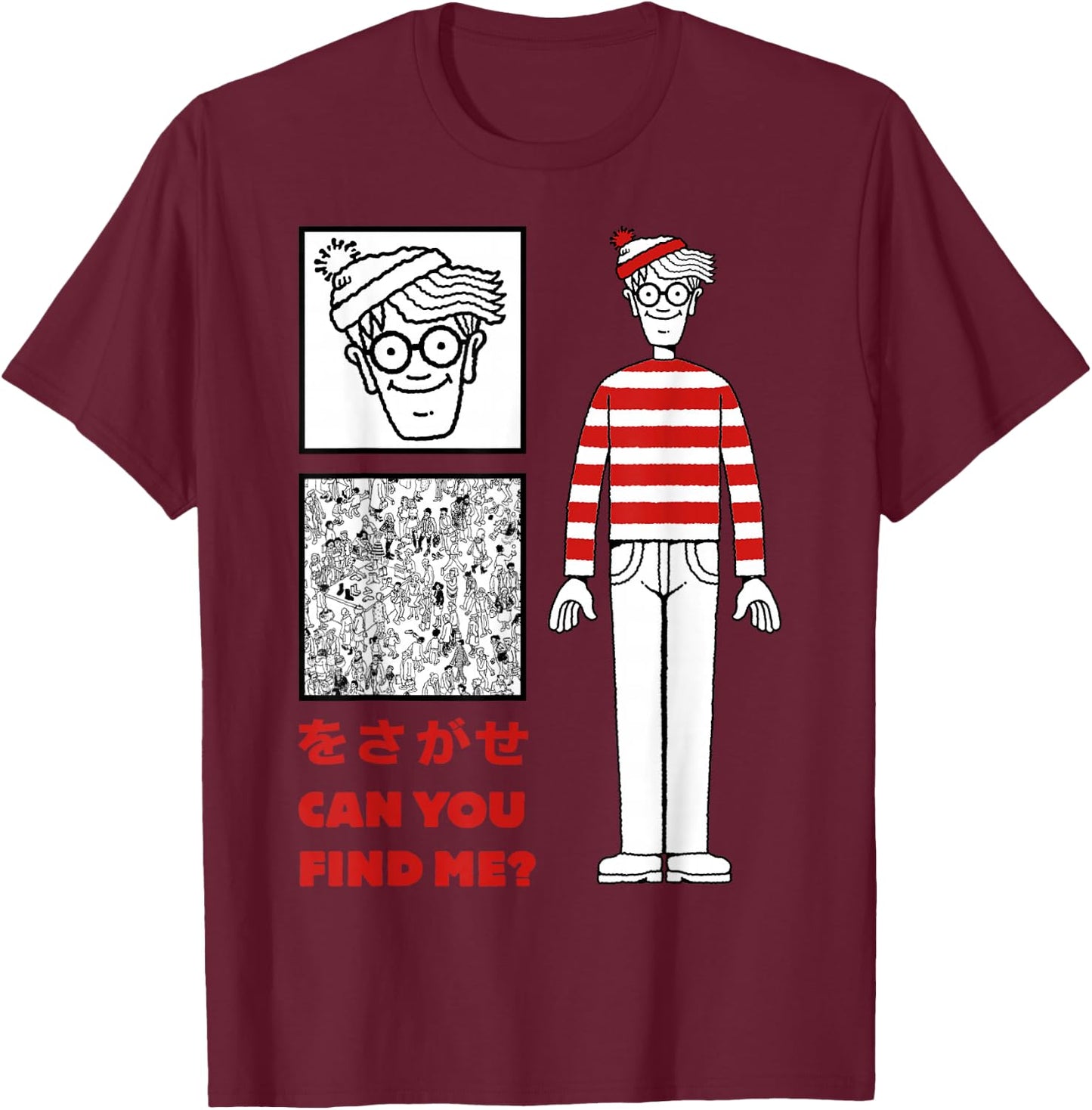 Where's Waldo Can You Find Me Kanji Poster Graphic T-Shirt - T-Shirt | Maroon