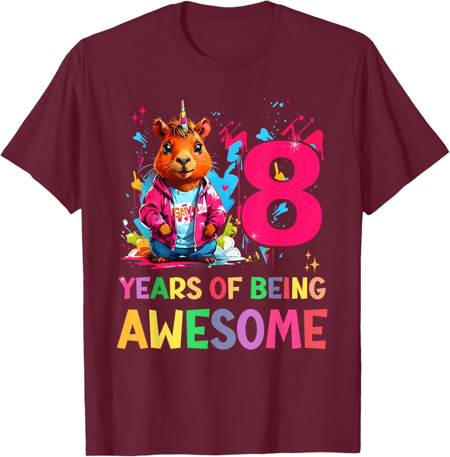 awesome capybara cappy birthday 8 year old Girls 8th B-day T-Shirt - T-Shirt | Maroon