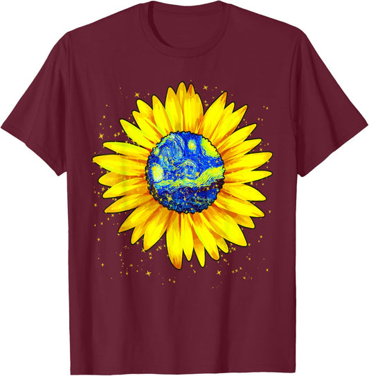 Vincent van Gogh Starry Night Sunflower Impressionism Art T-Shirt - T-Shirt | Maroon