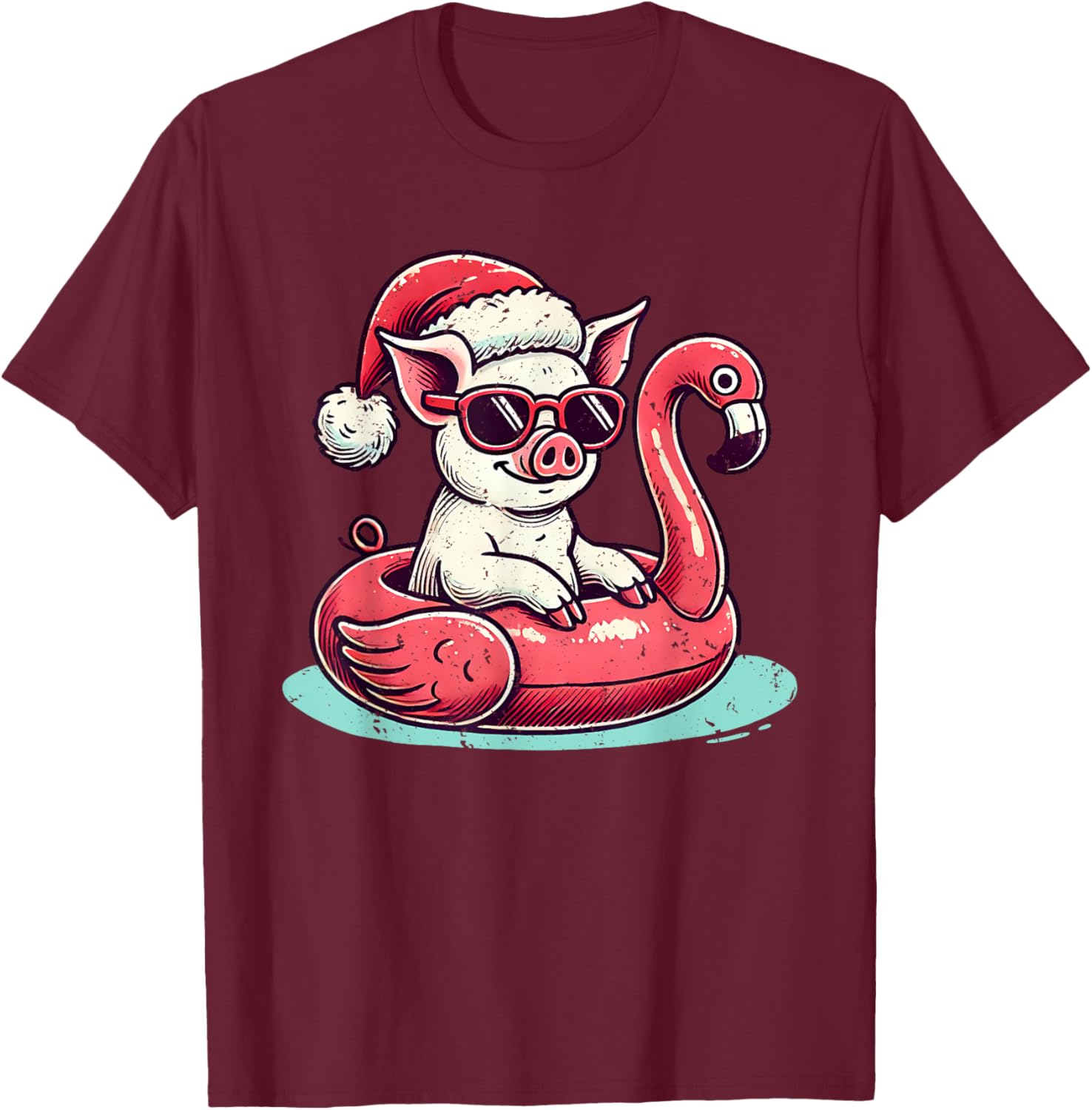 Funny Christmas in July Pig Mom Santa Flamingo Floatie T-Shirt - T-Shirt | Maroon