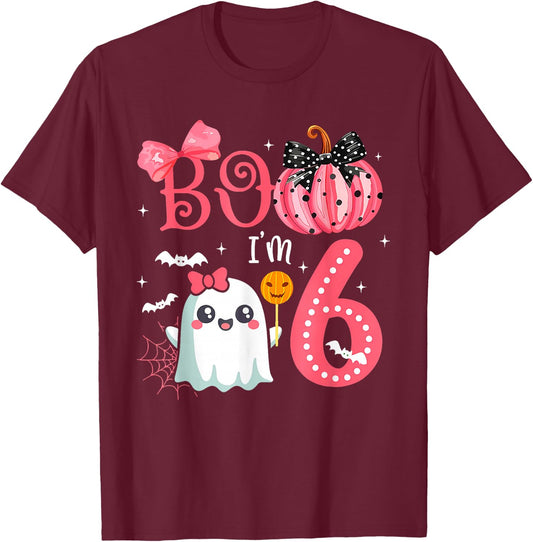 Boo I'M 6 Years Old Ghost 6Th Birthday Halloween Ghost Girls T-Shirt - T-Shirt | Maroon