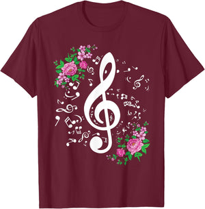 Cut Music Notes Clef Teacher,musical Notes and Flowers T-Shirt - T-Shirt | Maroon