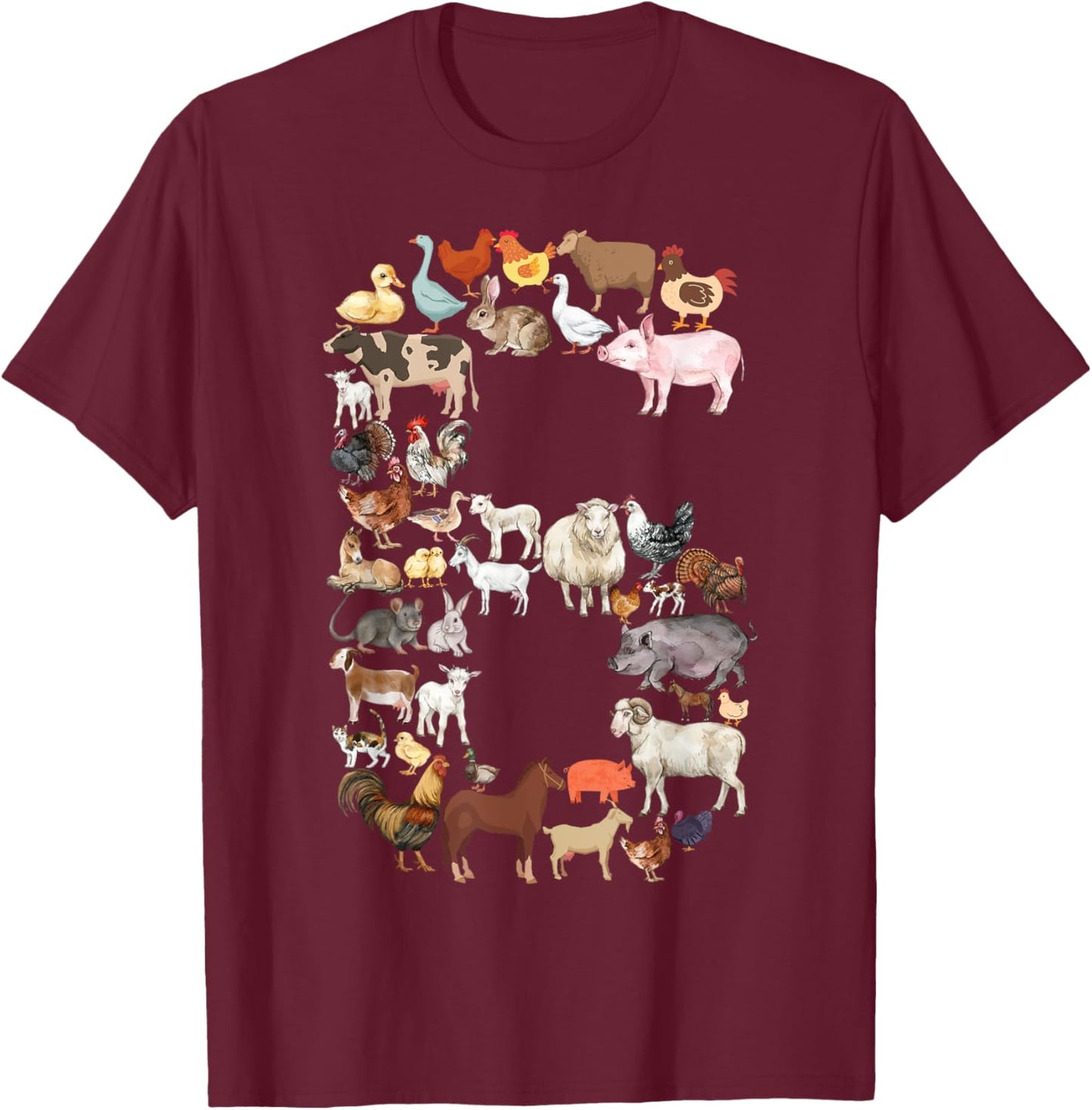 Fun 6th Birthday Farm Animals Theme Boy Kids 6 Year Old Bday T-Shirt - T-Shirt | Maroon
