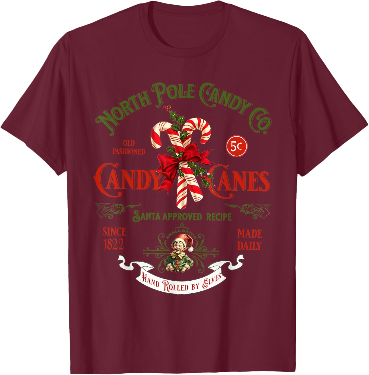 Christmas Retro Old Fashioned Candy Cane North Pole T-Shirt - T-Shirt | Maroon