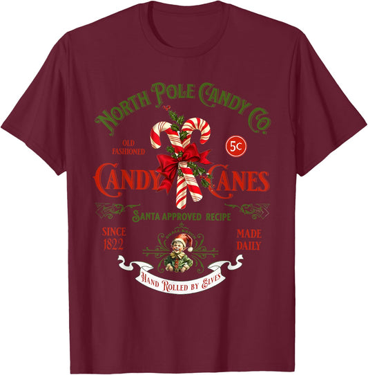 Christmas Retro Old Fashioned Candy Cane North Pole T-Shirt - T-Shirt | Maroon