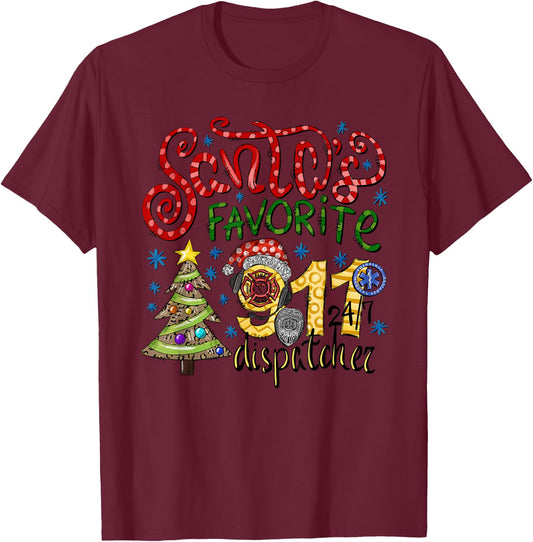 Santa's Favorite Dispatcher, 911 Dispatch Christmas Holiday T-Shirt - T-Shirt | Maroon