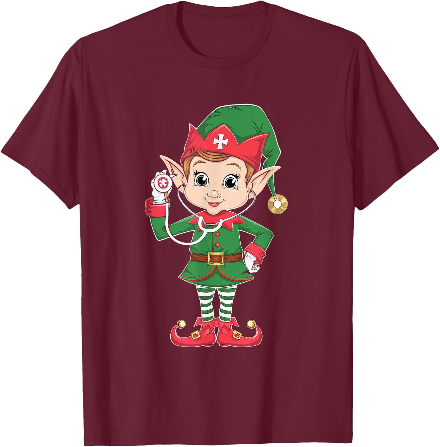 Cute Elf Nurse Scrub Tops Christmas Stethoscope Nursing Girl T-Shirt - T-Shirt | Maroon