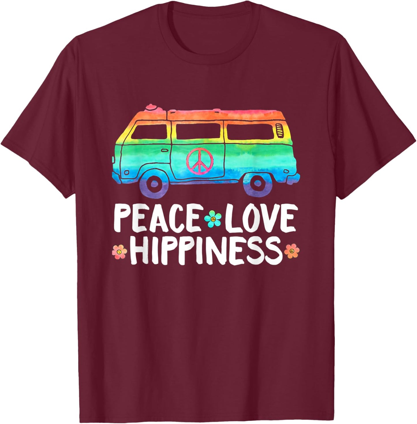 Peace Love Hippiness Rainbow Peace Symbol Flowers T-Shirt - T-Shirt | Maroon