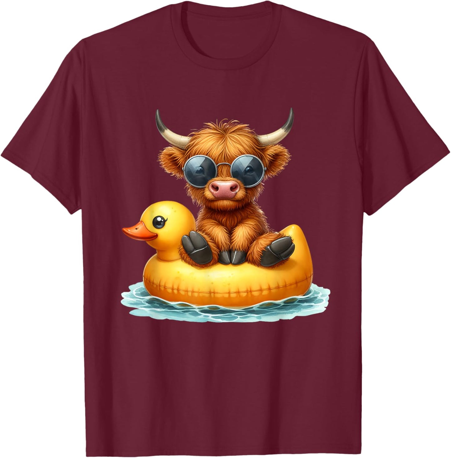 Cute Highland Cow Duck Pool Float Summer Vibes Swimming T-Shirt - T-Shirt | Maroon