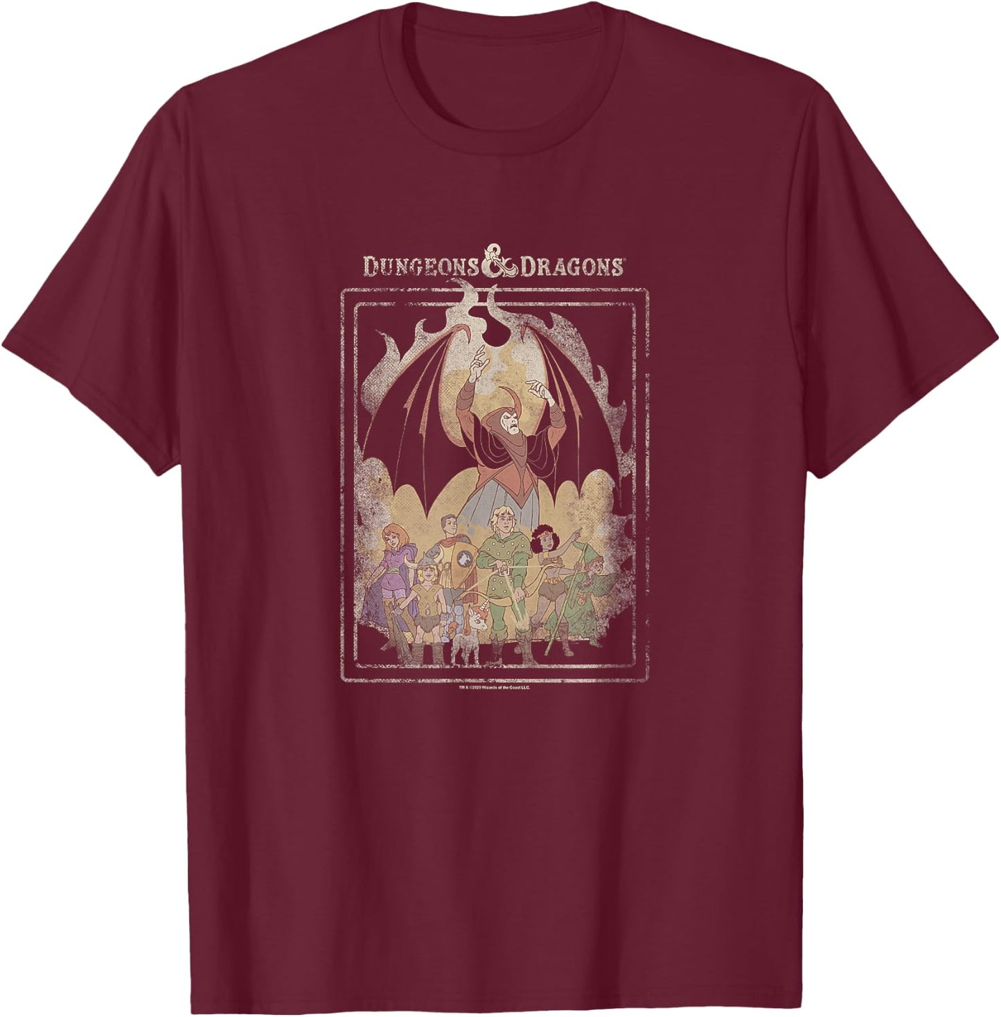 Dungeons & Dragons Group Shot Retro Flames T-Shirt - T-Shirt | Maroon