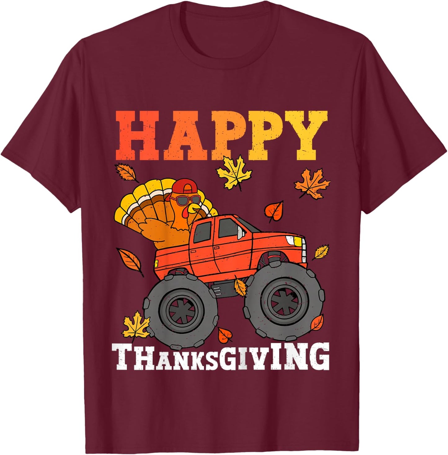 Kids Monster Truck Turkey Happy Thanksgiving Kids Toddler Boys T-Shirt - T-Shirt | Maroon