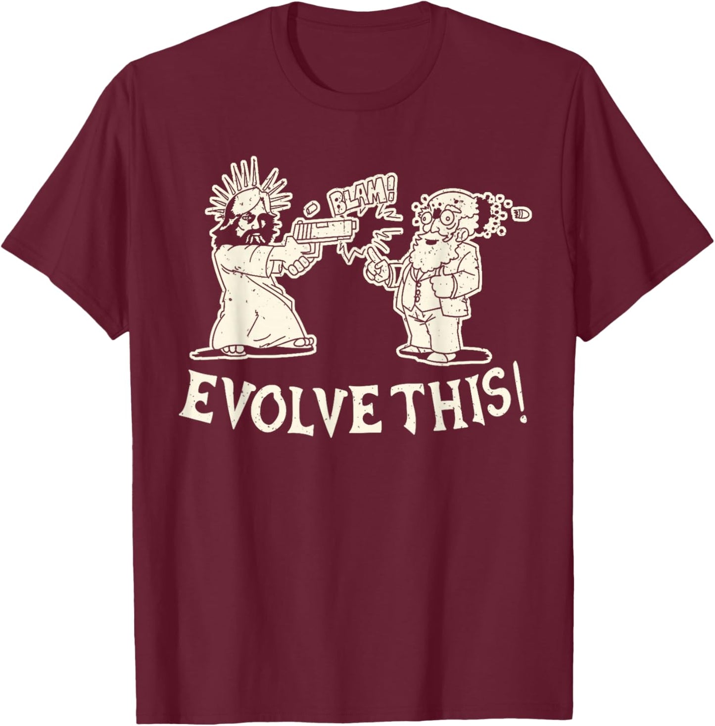 Vintage Evolve This Jesus And Darwin 3 T-Shirt - T-Shirt | Maroon