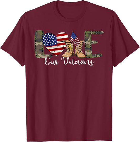 Love Our Veterans Day Proud Military American Flag T-Shirt - T-Shirt | Maroon