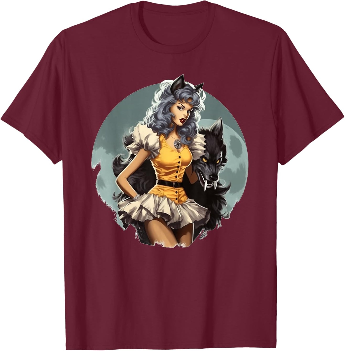 Werewolf PinUp Girl Wolf Halloween T-Shirt - T-Shirt | Maroon
