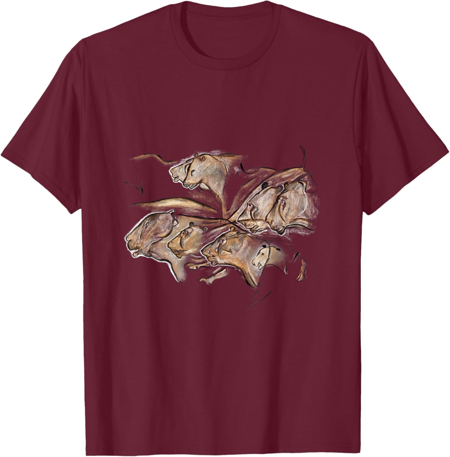 Prehistoric Stone Age Cave Painting of Lions from Chauvet T-Shirt - T-Shirt | Maroon