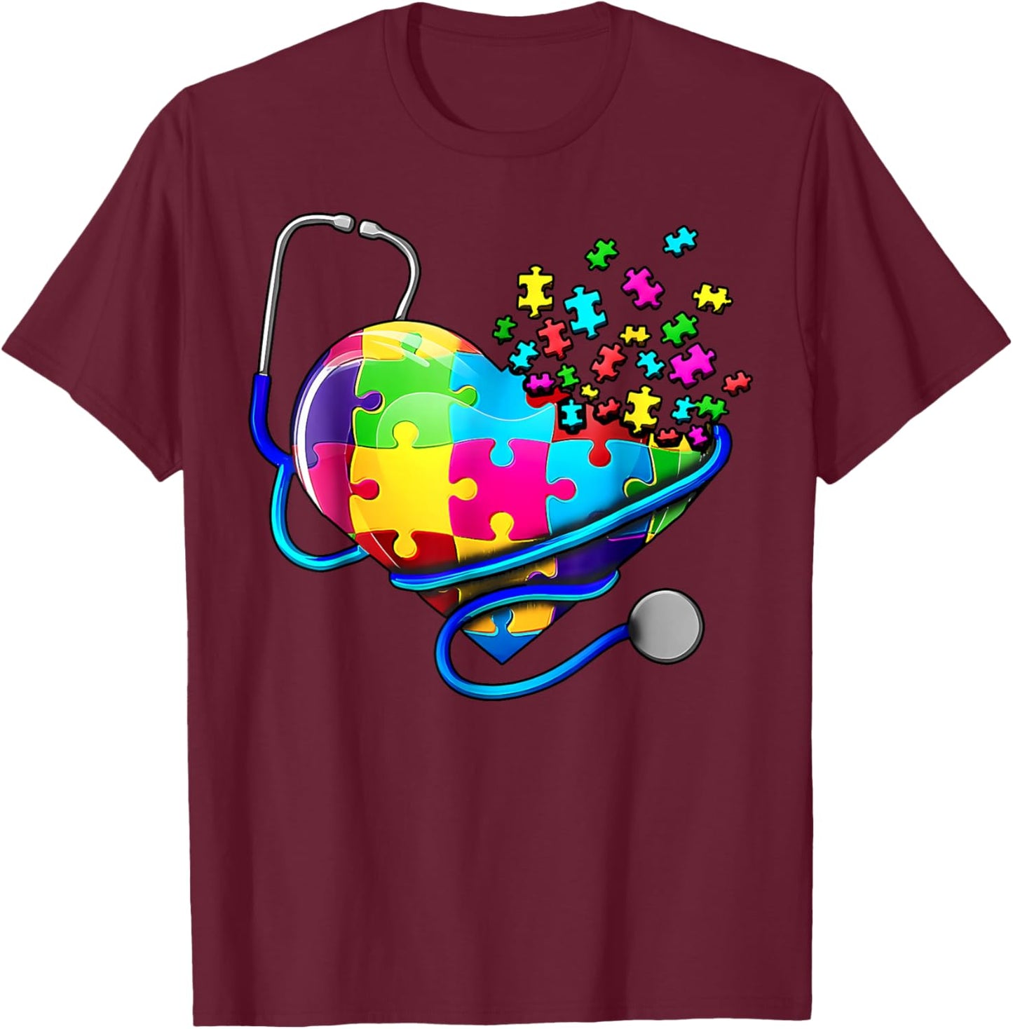 Autism Awareness Nurse Stethoscope Heart ASD Scrub Top Women T-Shirt - T-Shirt | Maroon