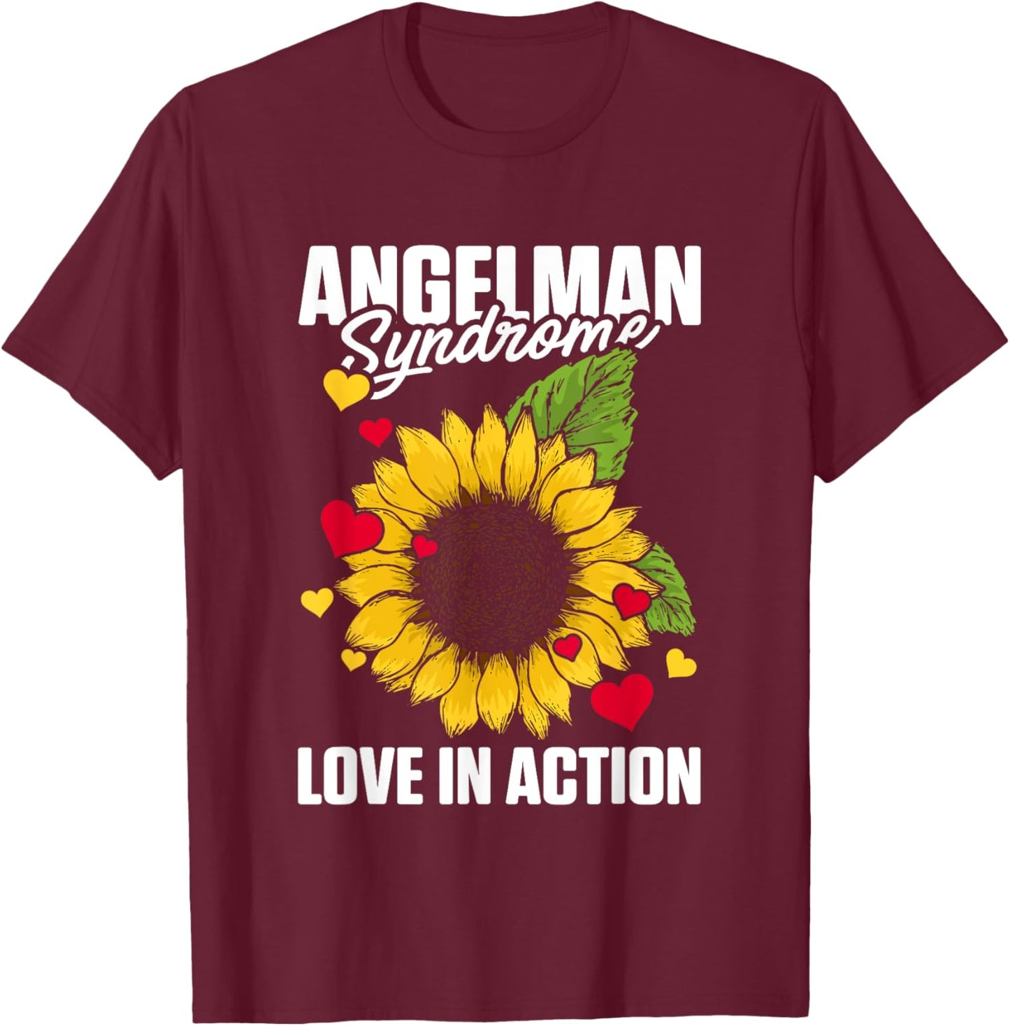 Love In Action Heart Sunflower Graphic Angelman Syndrome T-Shirt - T-Shirt | Maroon