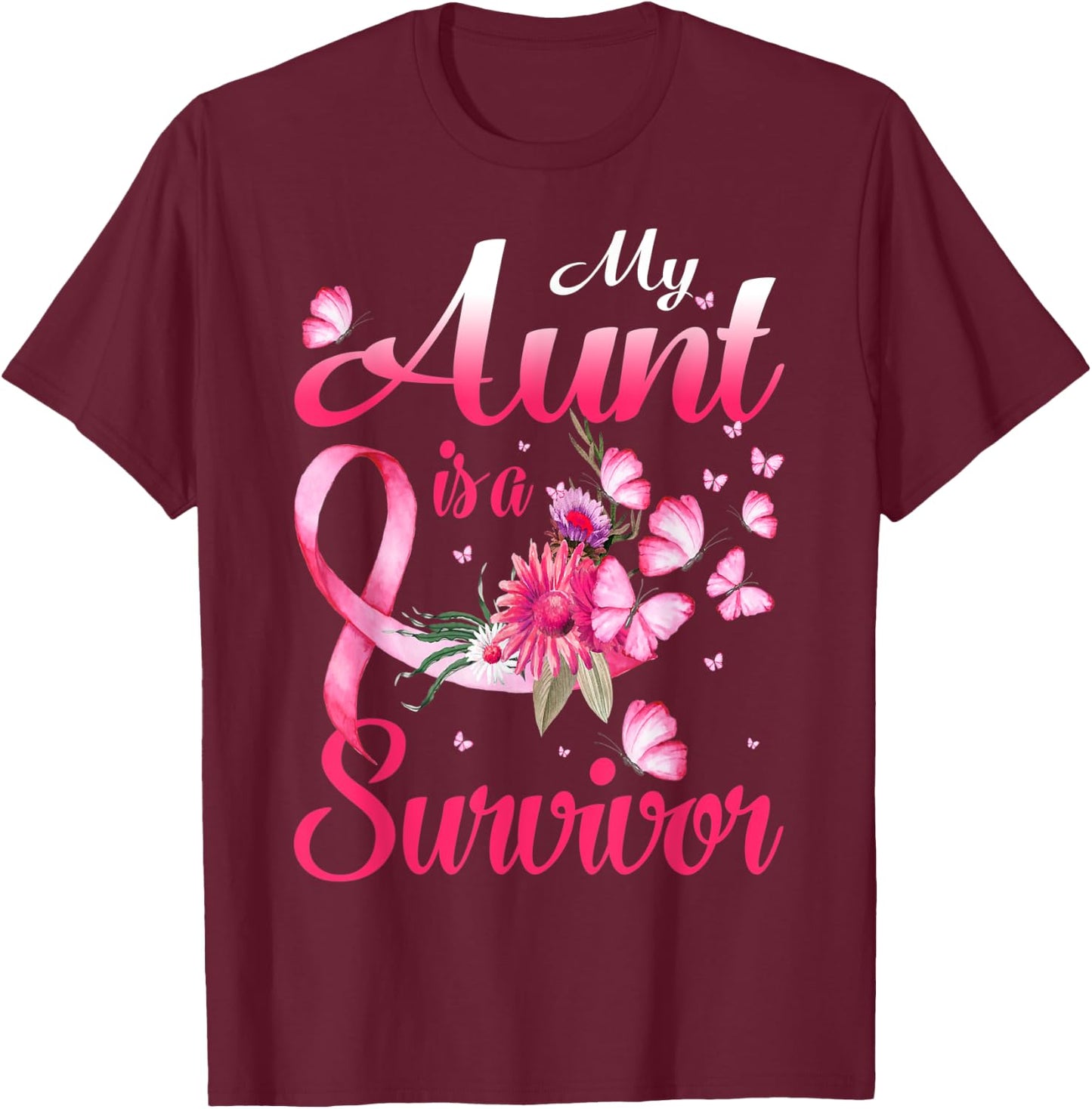 My Aunt Is A Survivor Butterfly Breast Cancer Awareness T-Shirt - T-Shirt | Maroon