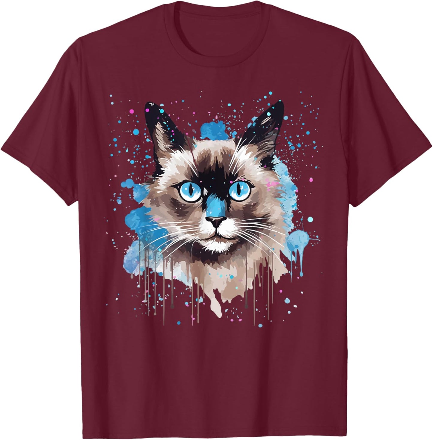 Colorful Splash Art Snowshoe Cat Face Women Kids T-Shirt - T-Shirt | Maroon