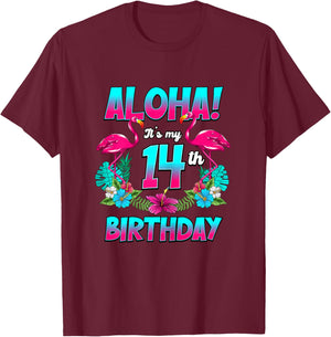 Aloha 14th Birthday Flamingo Hawaii 14 Years Old T-Shirt - T-Shirt | Maroon
