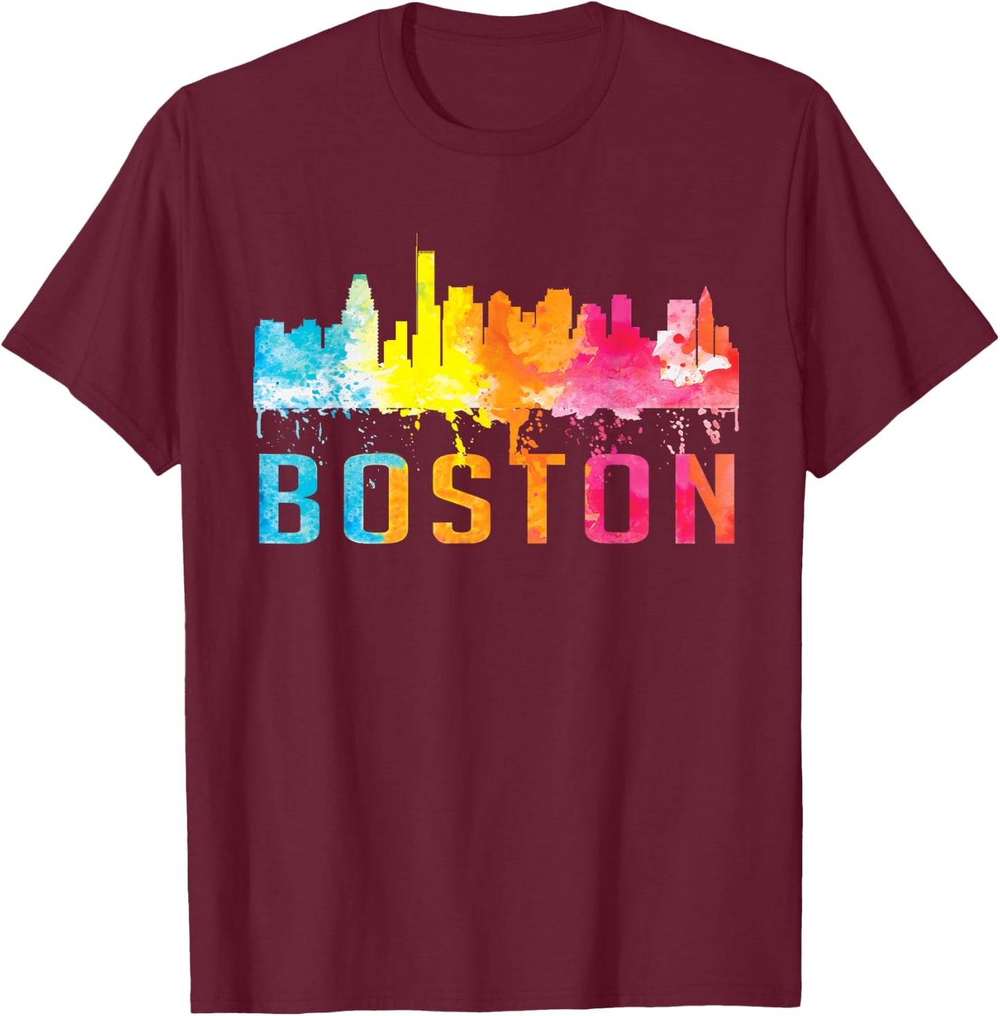 Boston Massachusetts Retro Watercolor Skyline Souvenir T-Shirt - T-Shirt | Maroon