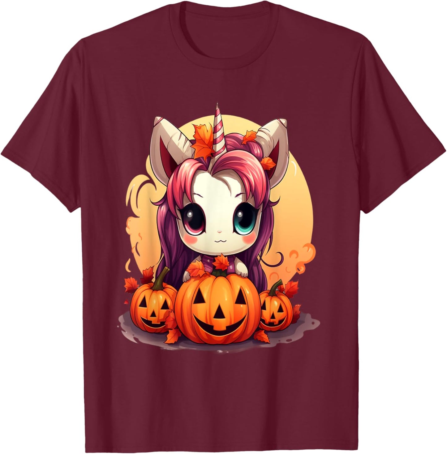 Autumn Halloween costume kawaii pumpkin unicorn magic T-Shirt - T-Shirt | Maroon