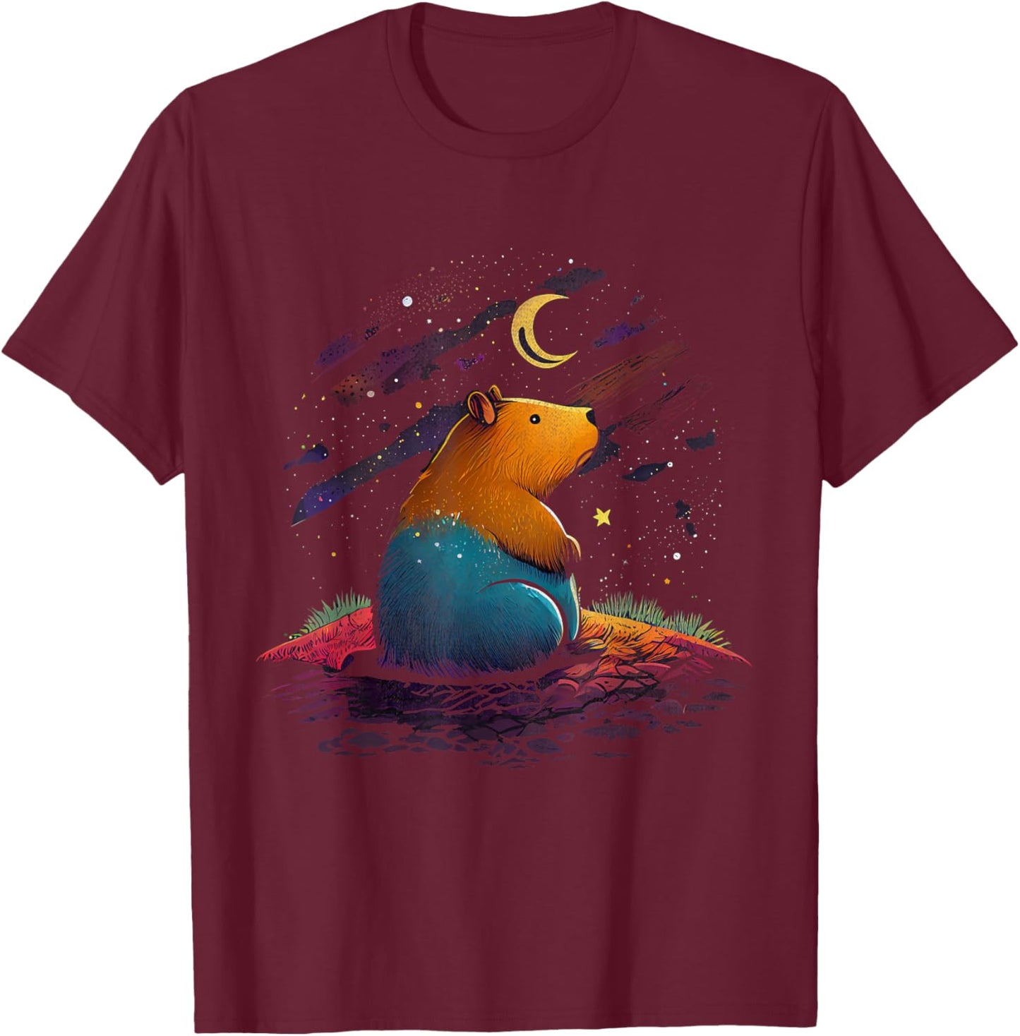 Capybara Moon Space Retro Water Hog Chiguire Guinea Pig T-Shirt - T-Shirt | Maroon