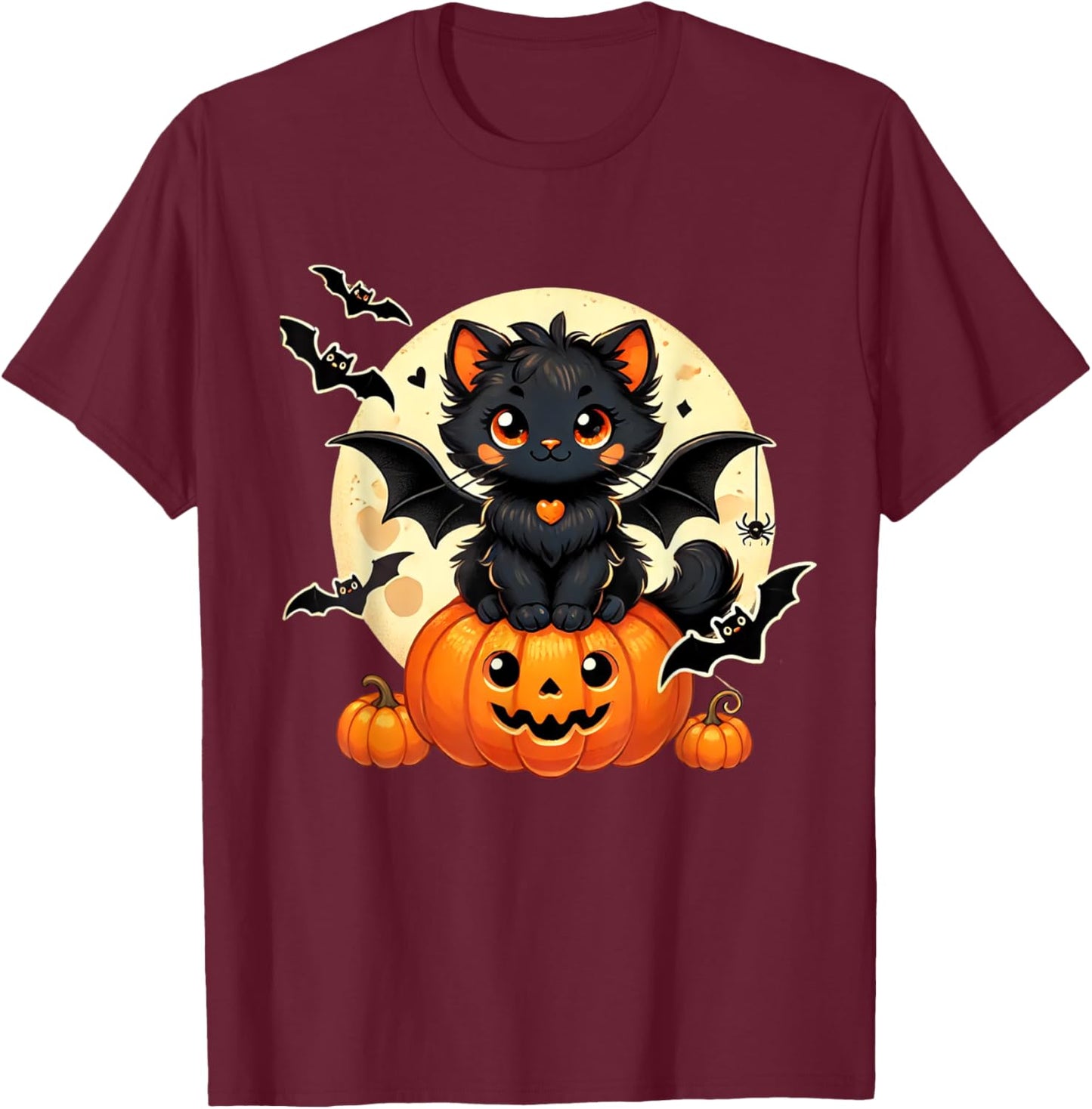 Cute Black Cat With Bat Wings Pumpkin Women Men Halloween T-Shirt - T-Shirt | Maroon