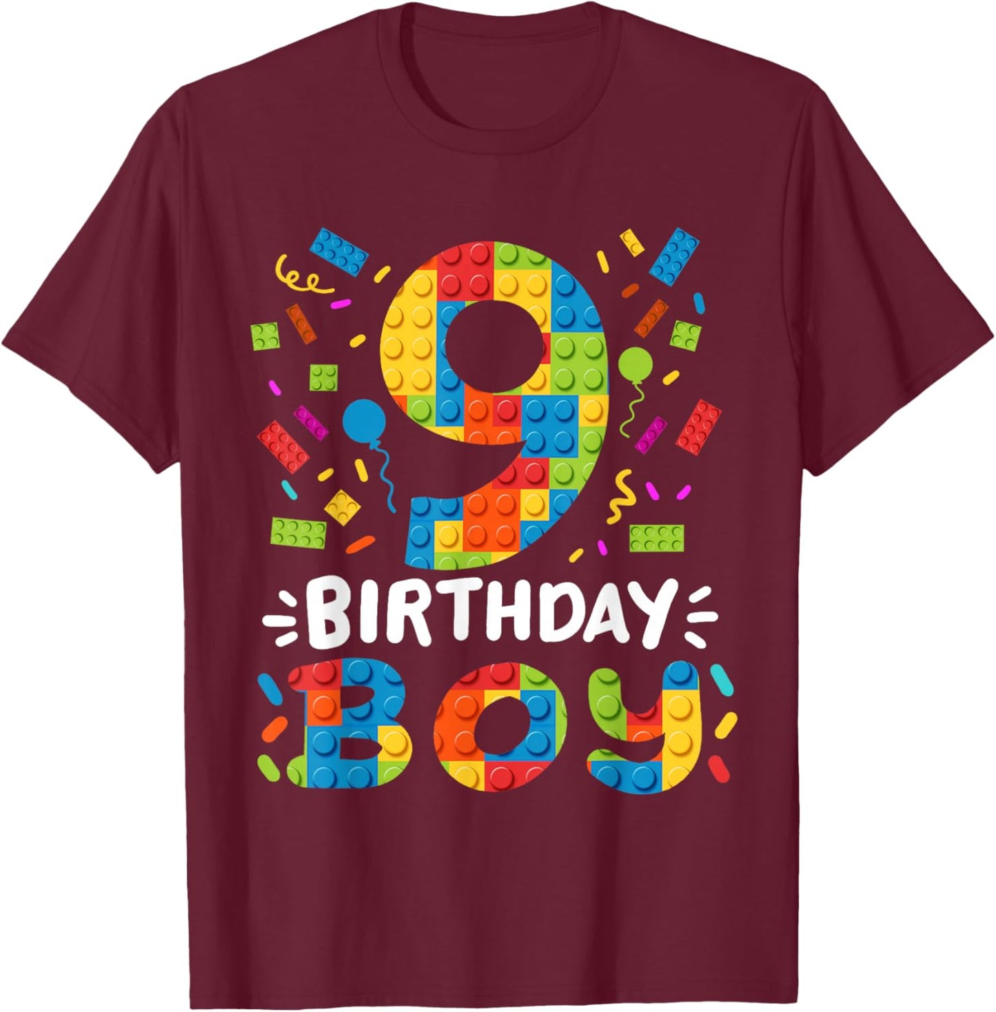 Kids 9 Years Old Building Blocks Builder 9th Birthday Boys T-Shirt - T-Shirt | Maroon