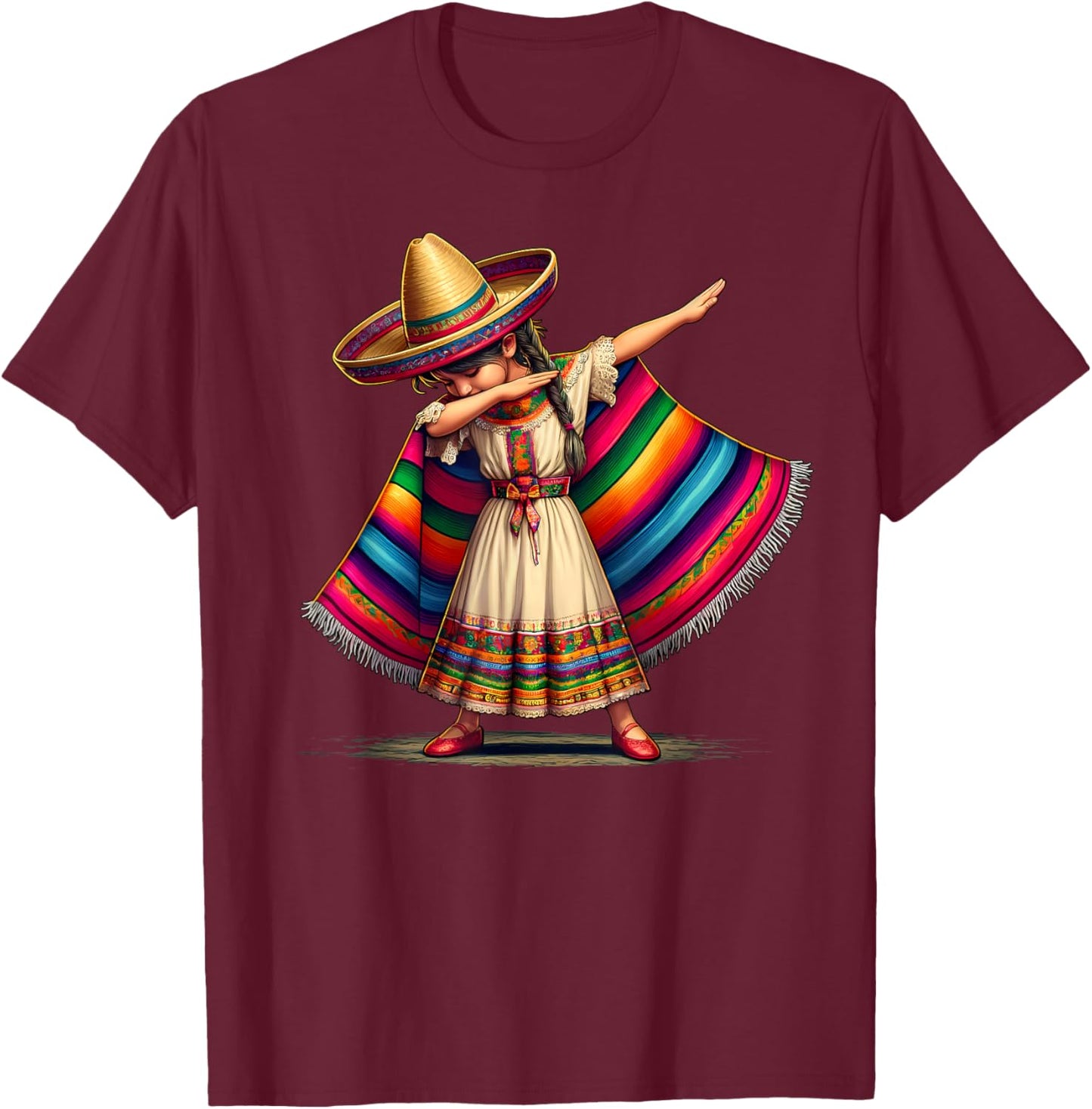Funny Dabbing Mexican Poncho Sombrero Cinco de Mayo Girl T-Shirt - T-Shirt | Maroon