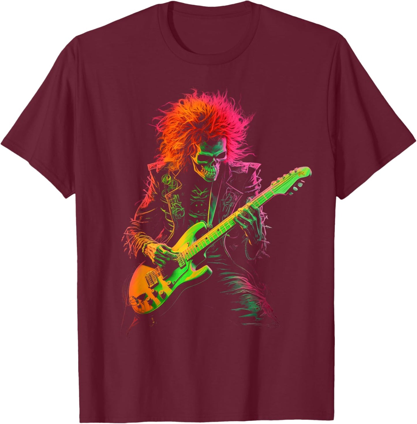 Skeleton Playing Guitar Rock Band Halloween T-Shirt - T-Shirt | Maroon