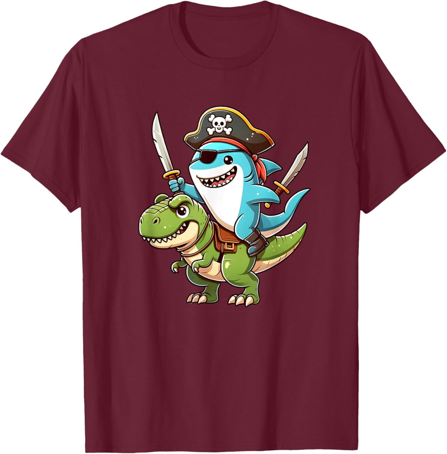 Funny shark ride T Rex in a Pirate Costume T-Shirt - T-Shirt | Maroon