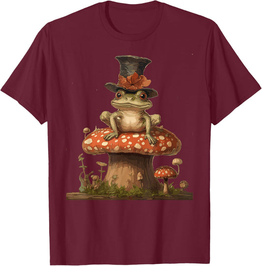 Cottagecore Aesthetic Frog Top Hat Mushroom Cute T-Shirt - T-Shirt | Maroon