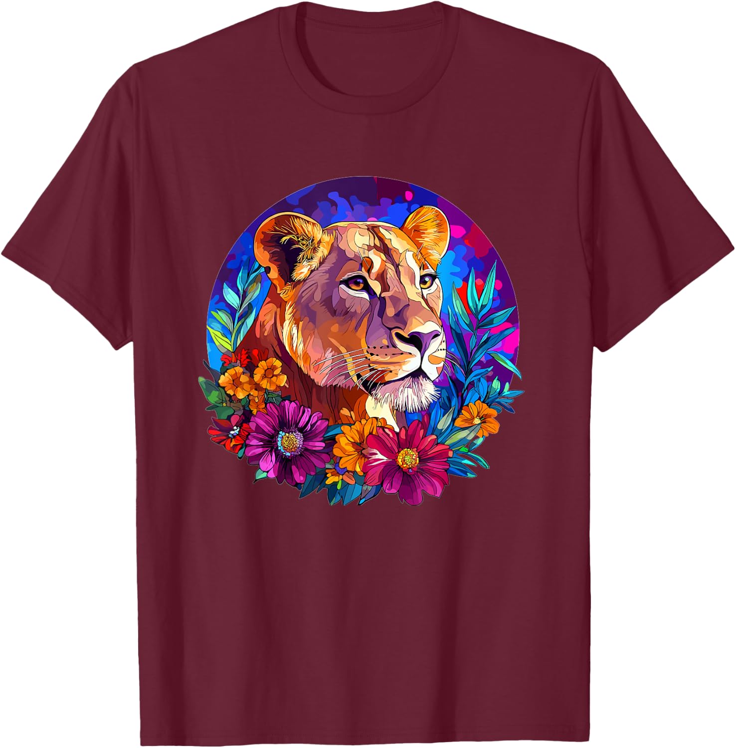 Lioness in Vibrant Floral Jungle T-Shirt - T-Shirt | Maroon