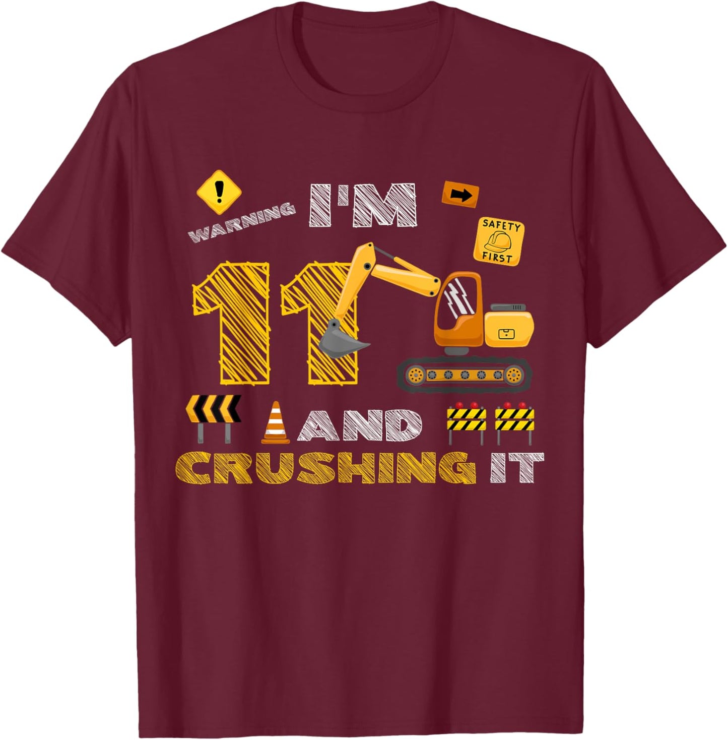 Construction Truck 11th Birthday Construction Theme 11 Year T-Shirt - T-Shirt | Maroon