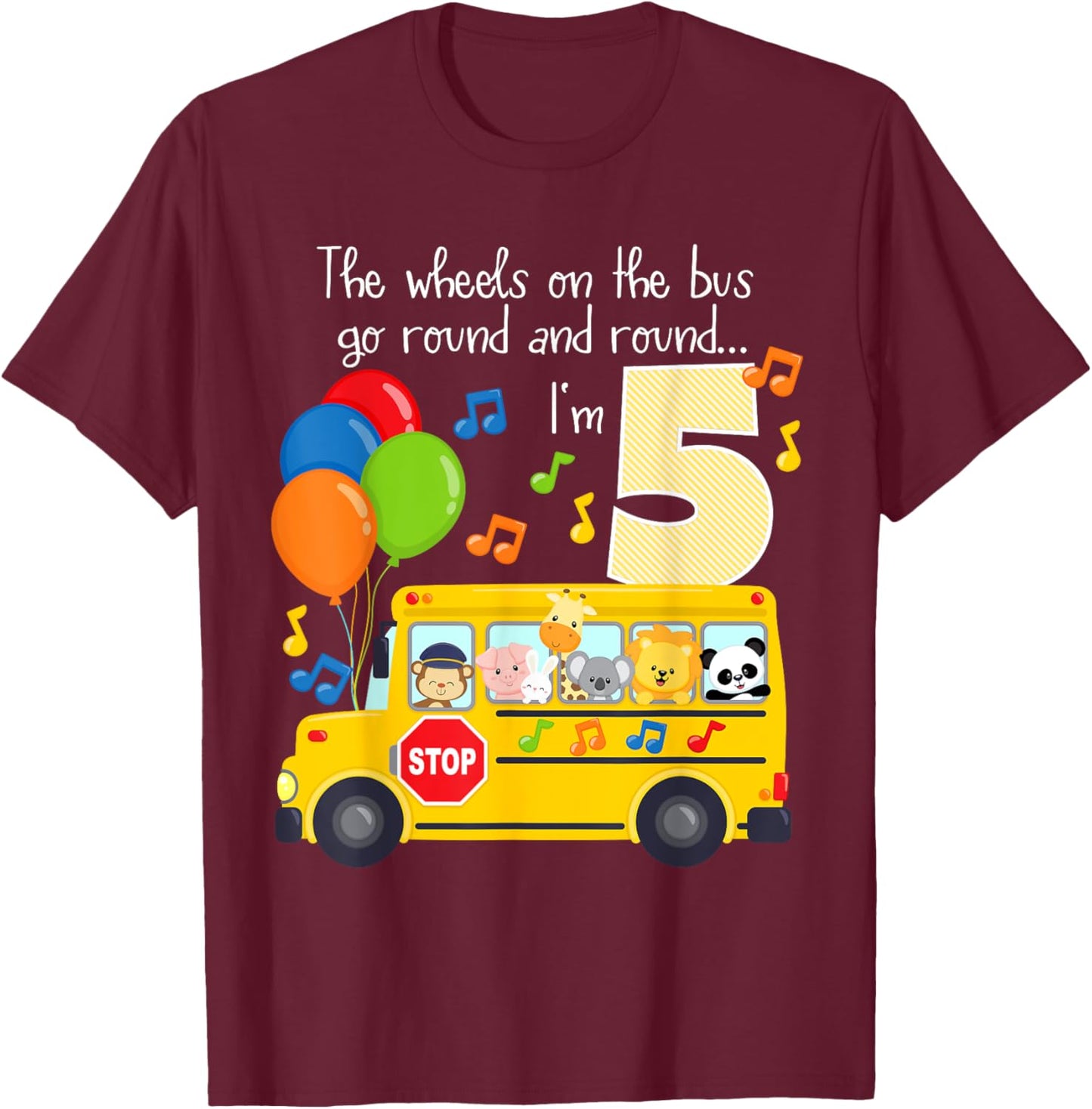 The Wheels On The Bus 5th Birthday 5 Yrs Old Family Matching T-Shirt - T-Shirt | Maroon