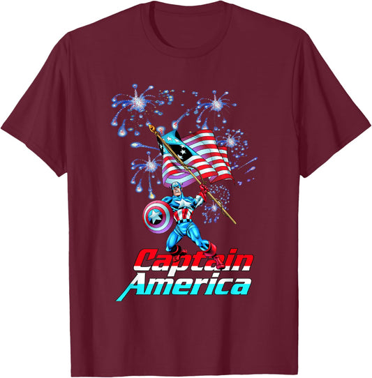 Marvel Comics Retro Classic Captain America 4th of July Flag T-Shirt - T-Shirt | Maroon