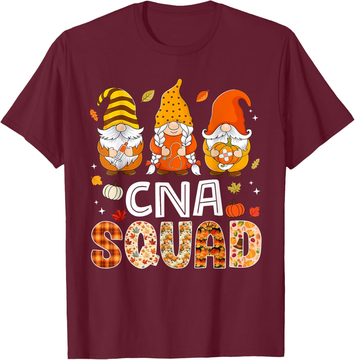 CNA Squad Gnome Nurse Leopard Thanksgiving Fall Stethoscope T-Shirt - T-Shirt | Maroon