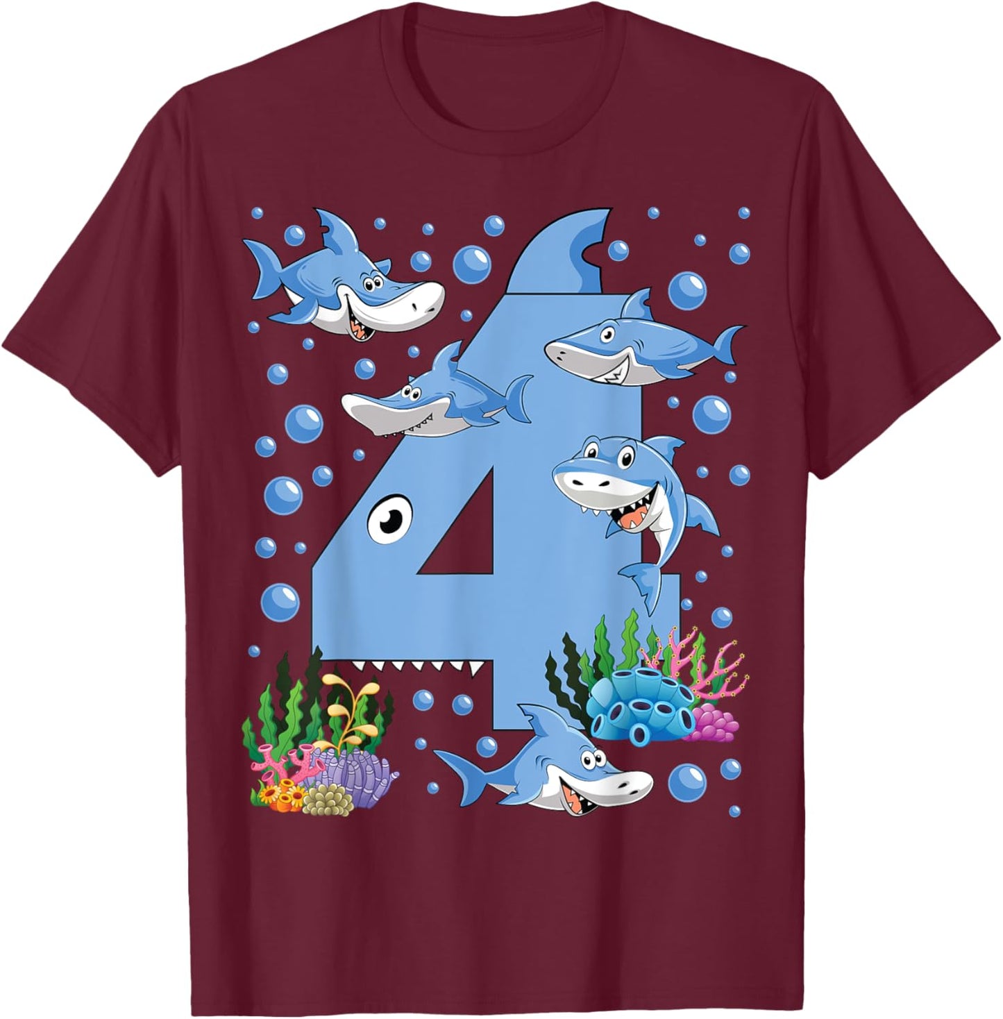 Kids 4 Years Old Shark Ocean Theme 4th Birthday Boy Party T-Shirt - T-Shirt | Maroon