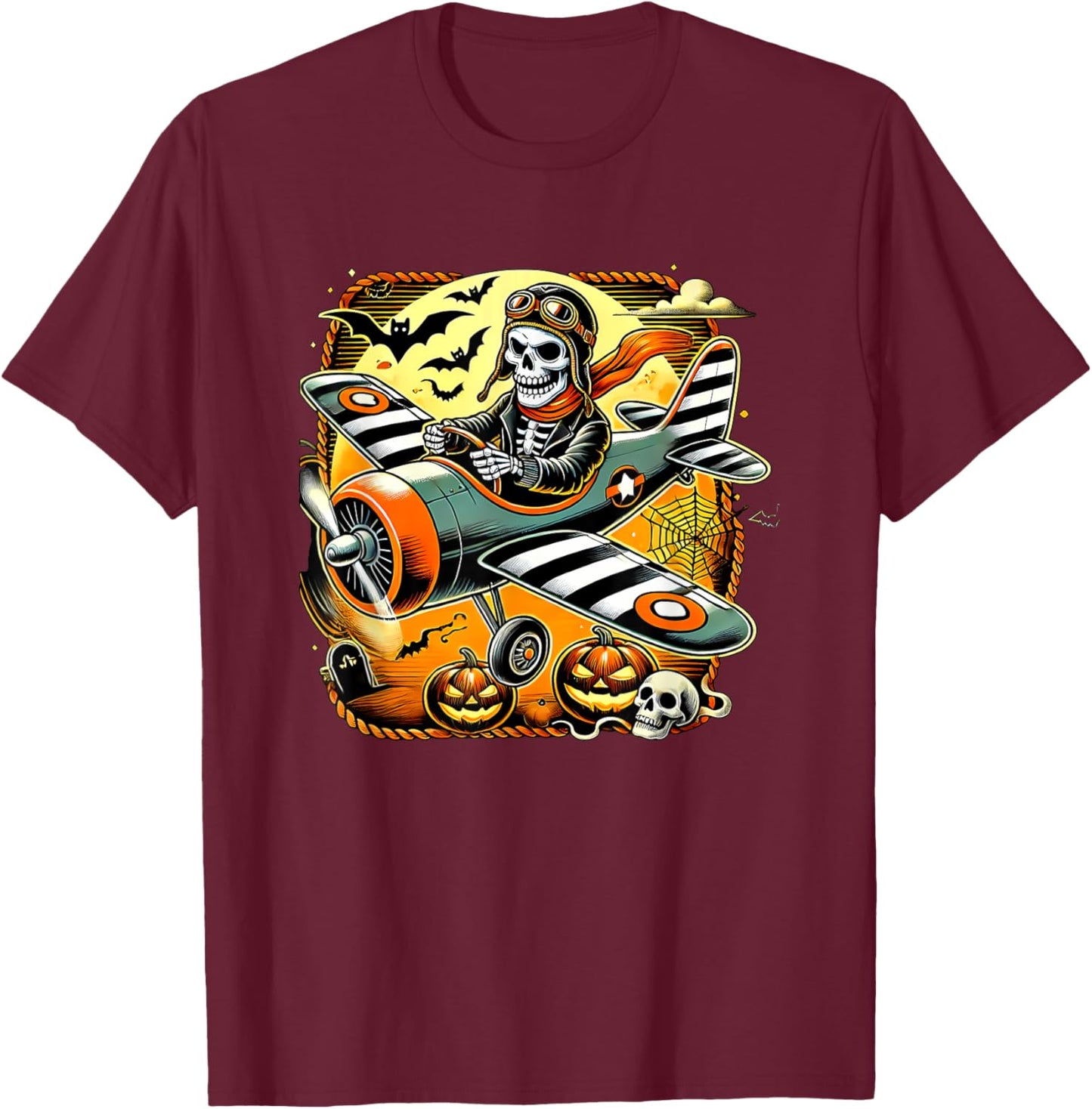 Halloween Skeleton Airplane T-Shirt - T-Shirt | Maroon