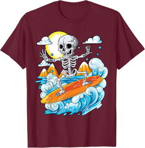 Skeleton Surfing Halloween Hawaii Hawaiian Men Women Surfer T-Shirt - T-Shirt | Maroon