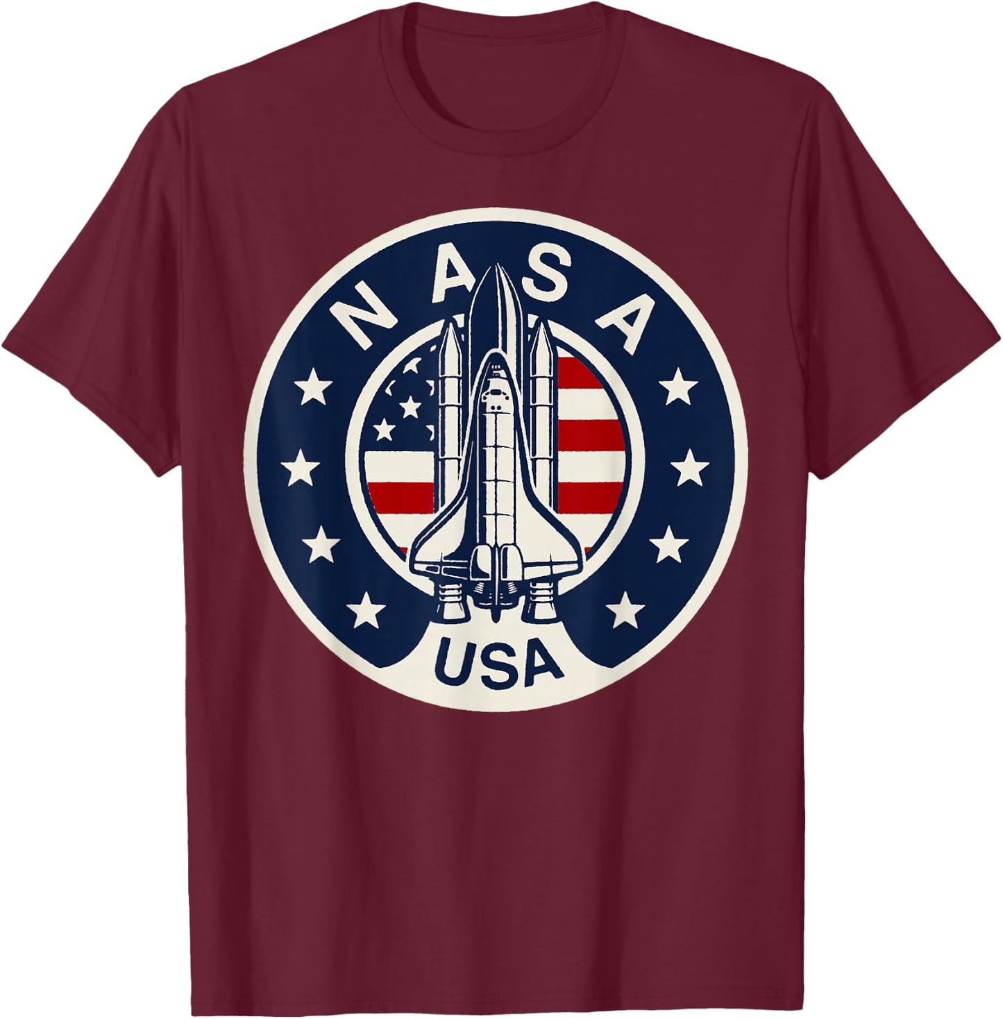NASA USA Shuttle Rocket American Flag Logo T-Shirt - T-Shirt | Maroon