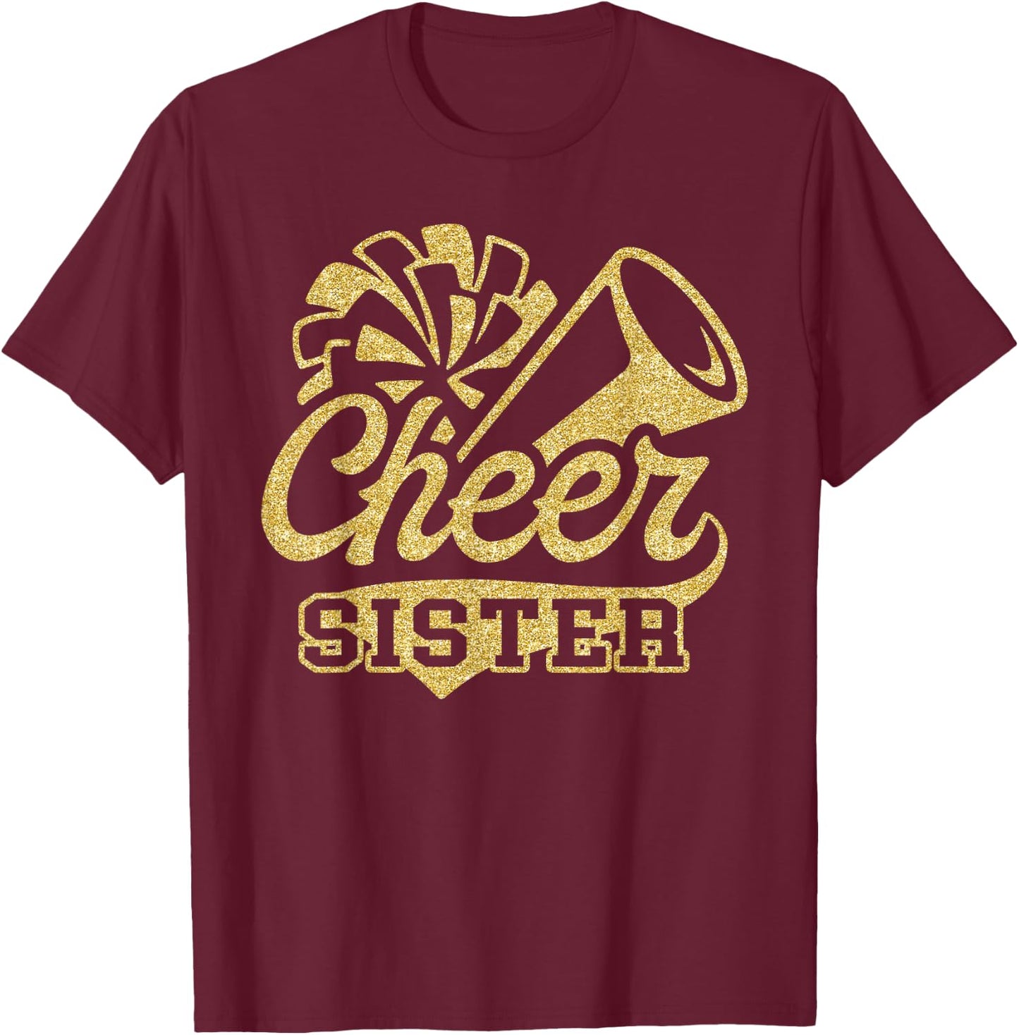 Cheer Sister Biggest Fan Black Yellow Gold Pom Pom T-Shirt - T-Shirt | Maroon