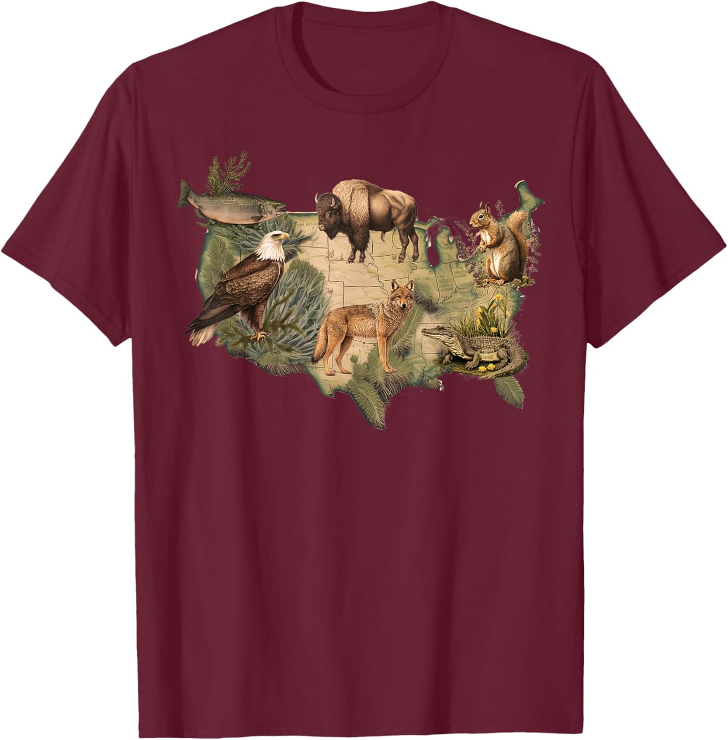 American Wildlife Map T-Shirt - T-Shirt | Maroon