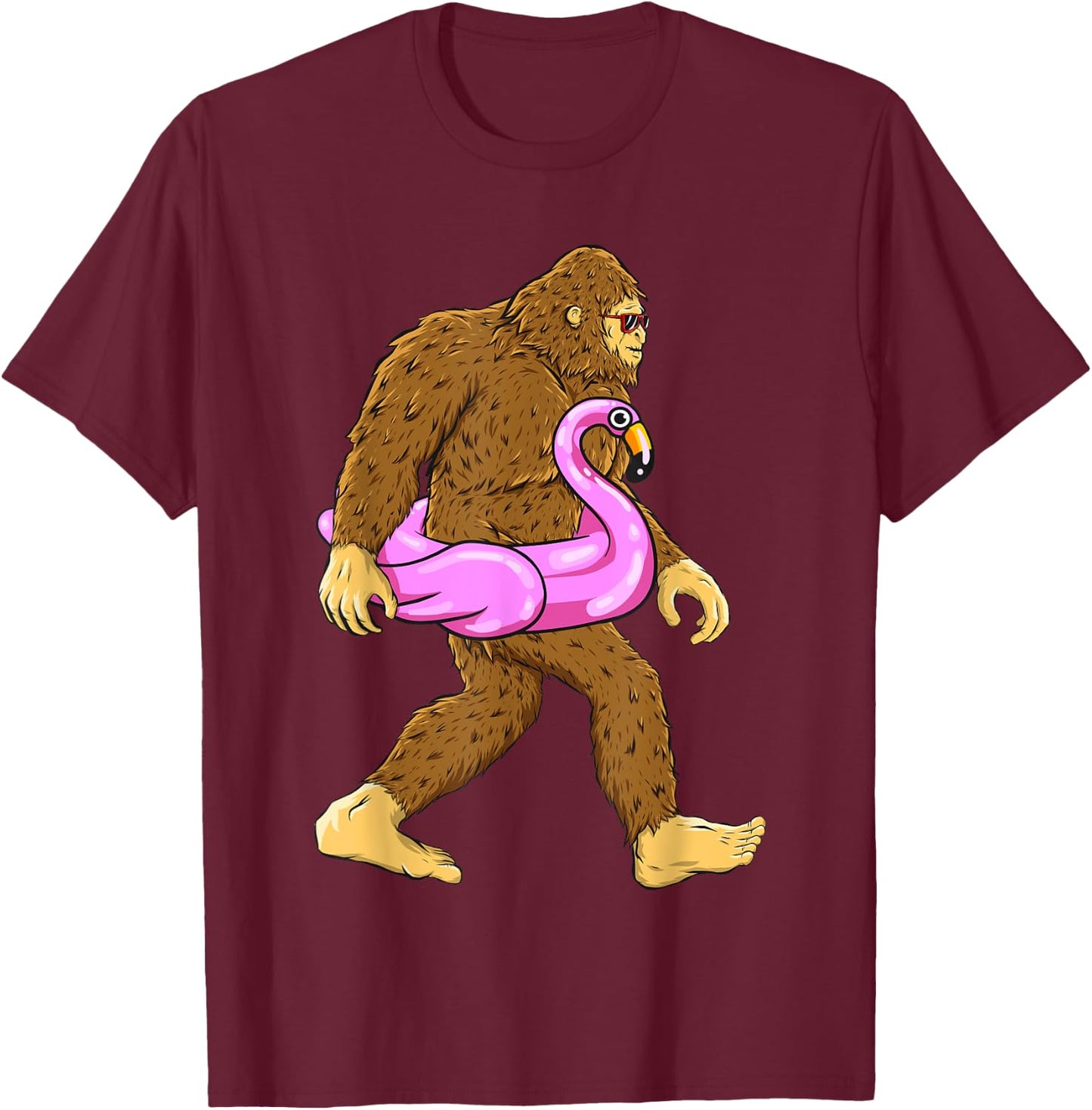 Pool Party Bigfoot Pink Float Flamingo Sasquatch Bird Lover T-Shirt - T-Shirt | Maroon